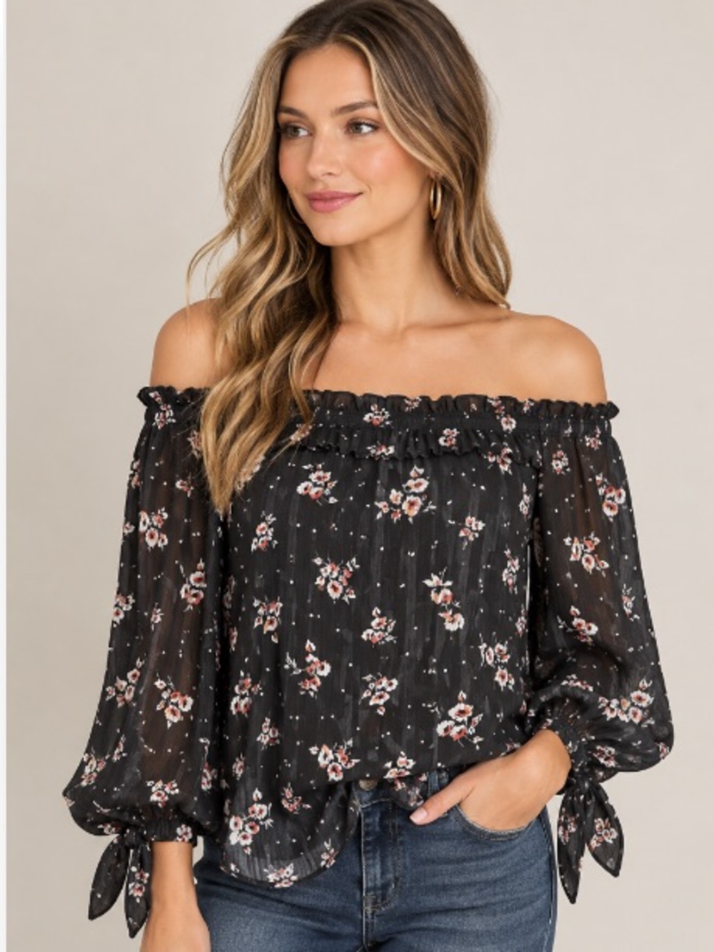Women’s Off Shoulder Long Sleeve Floral Top - Large